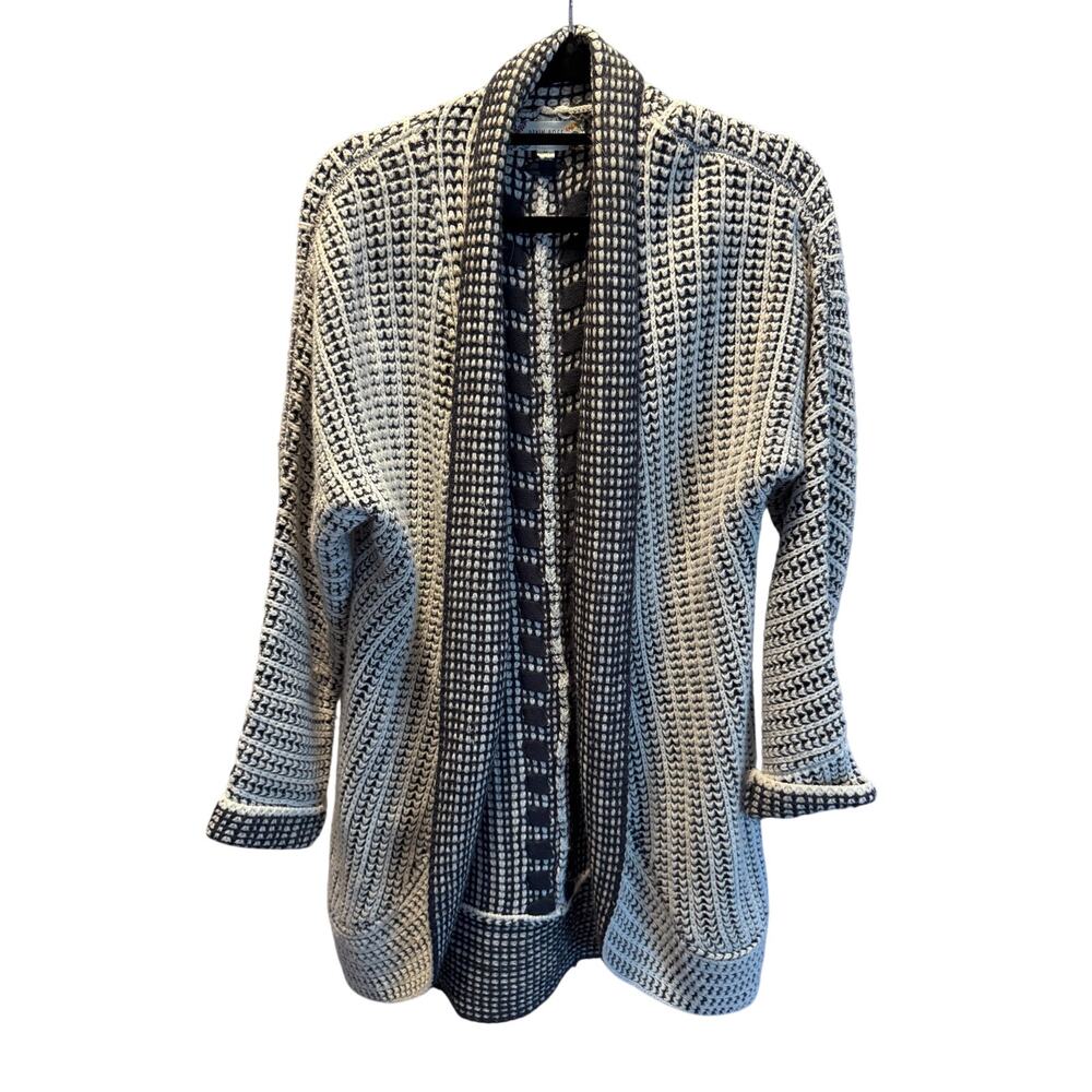 PINK ROSE Open Front Cardigan Sweater Medium Black White Chunky Knit Longline